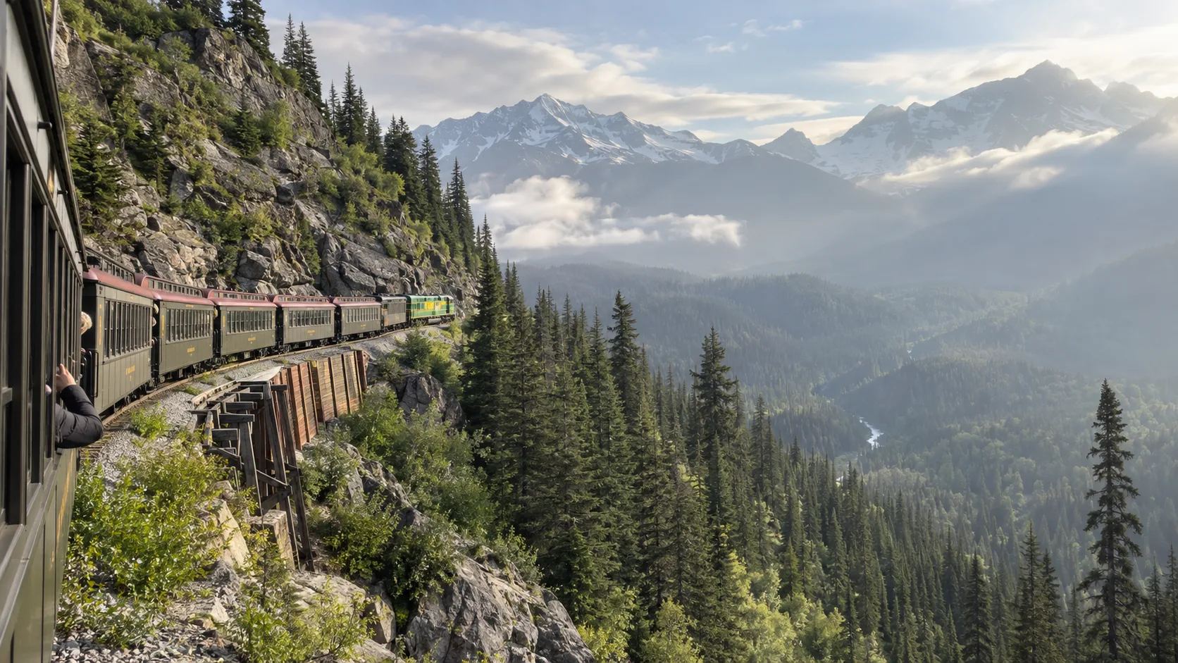 White Pass passenger train curving along a mountain ledge near Skagway.