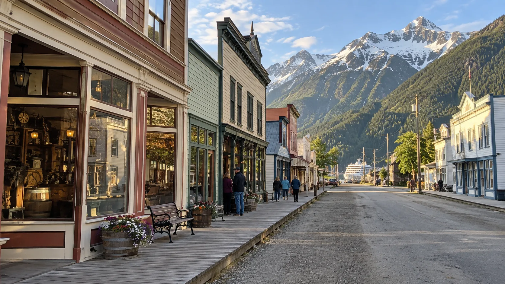 Historic false-front buildings and wooden boardwalk in downtown Skagway.