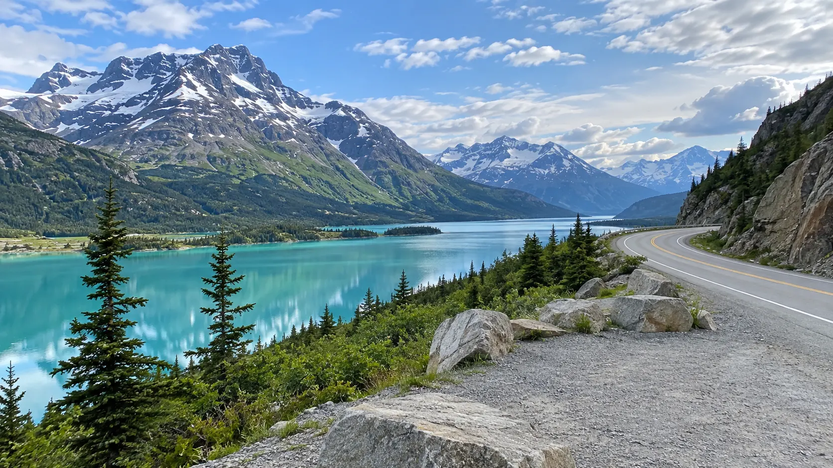 Klondike Highway winding past a turquoise alpine lake near Skagway.