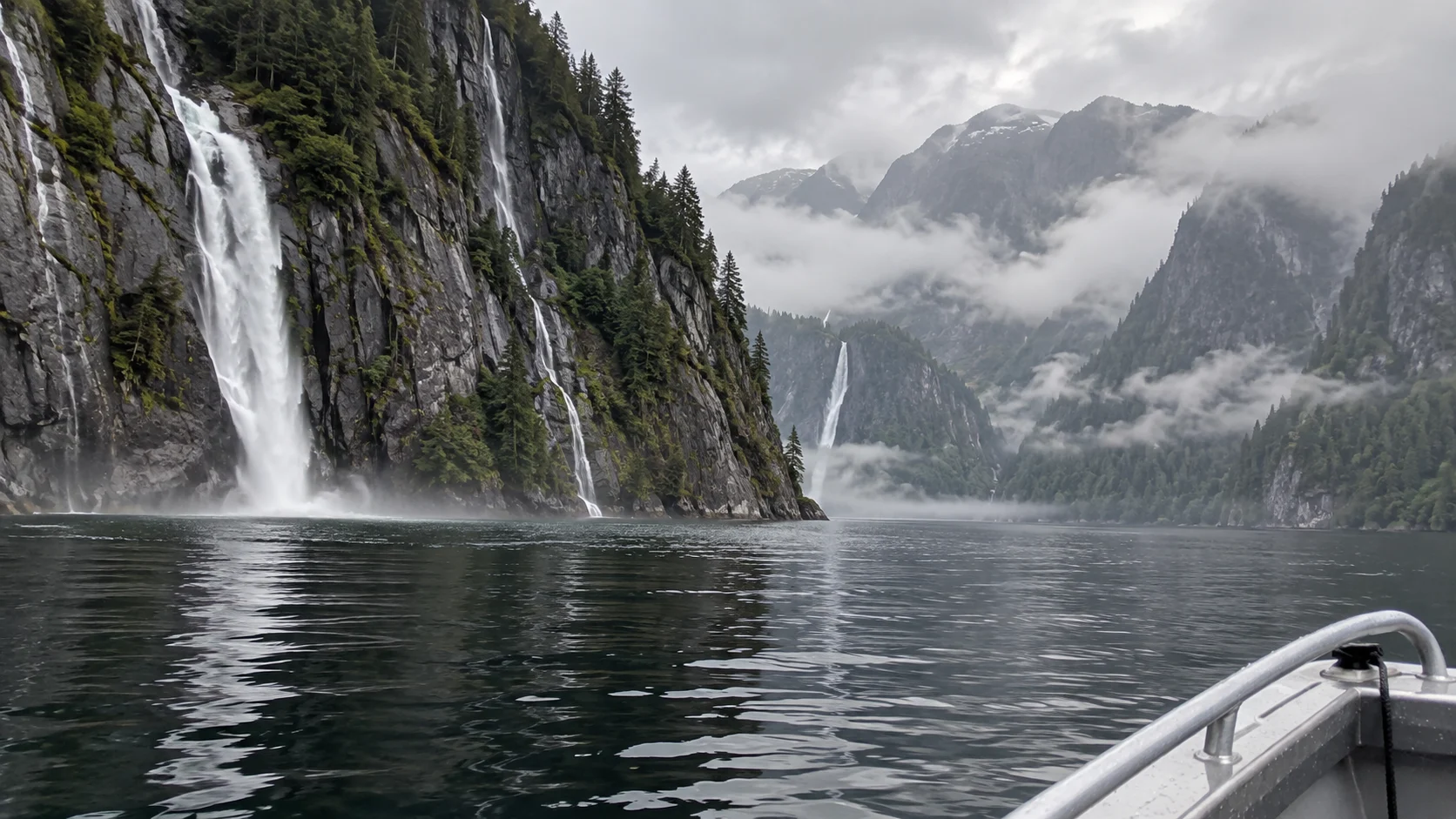 Granite cliffs and waterfalls rising above the water in Misty Fjords.
