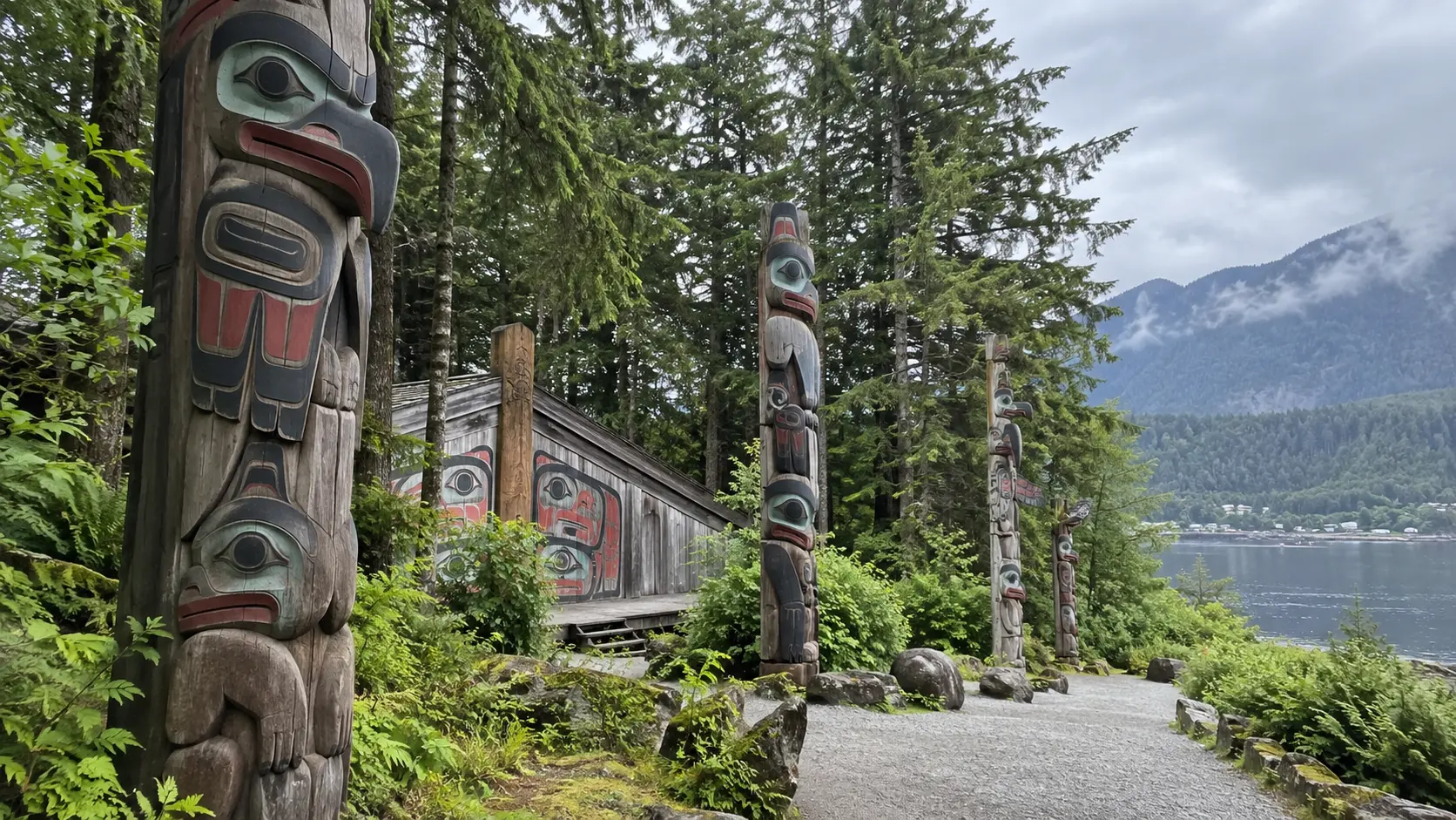 Carved Tlingit totem poles in a forested cultural heritage setting near Ketchikan.