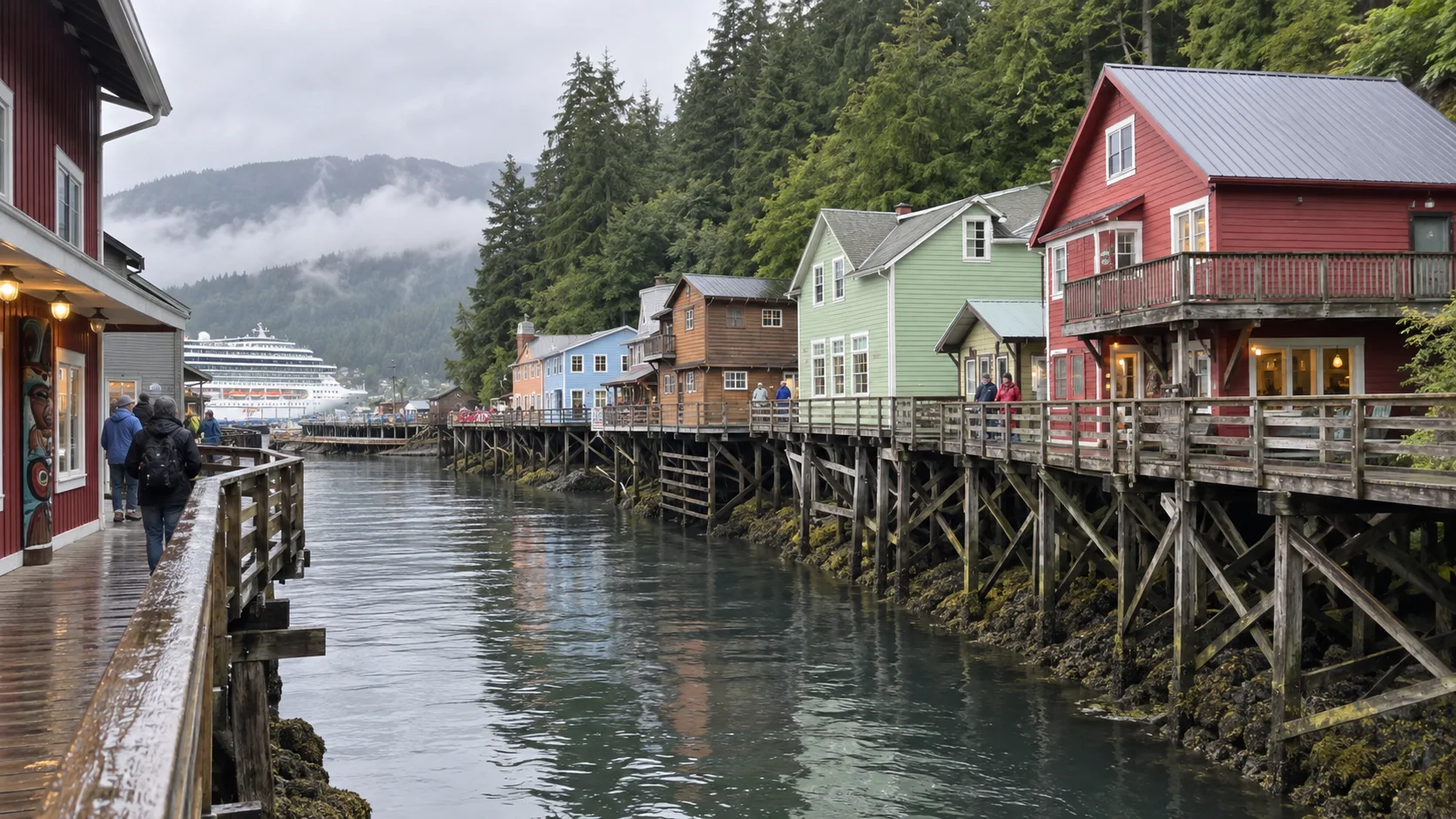 Colorful Creek Street buildings above the water in downtown Ketchikan.