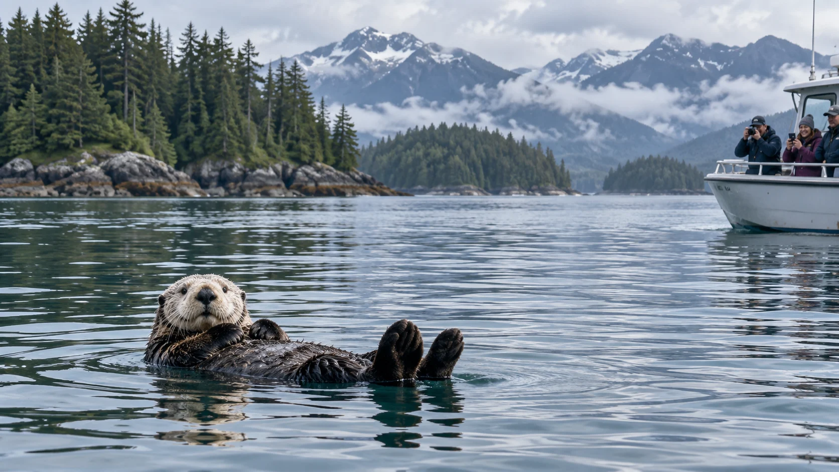 Sea otter floating near forested islands during a Sitka wildlife excursion.