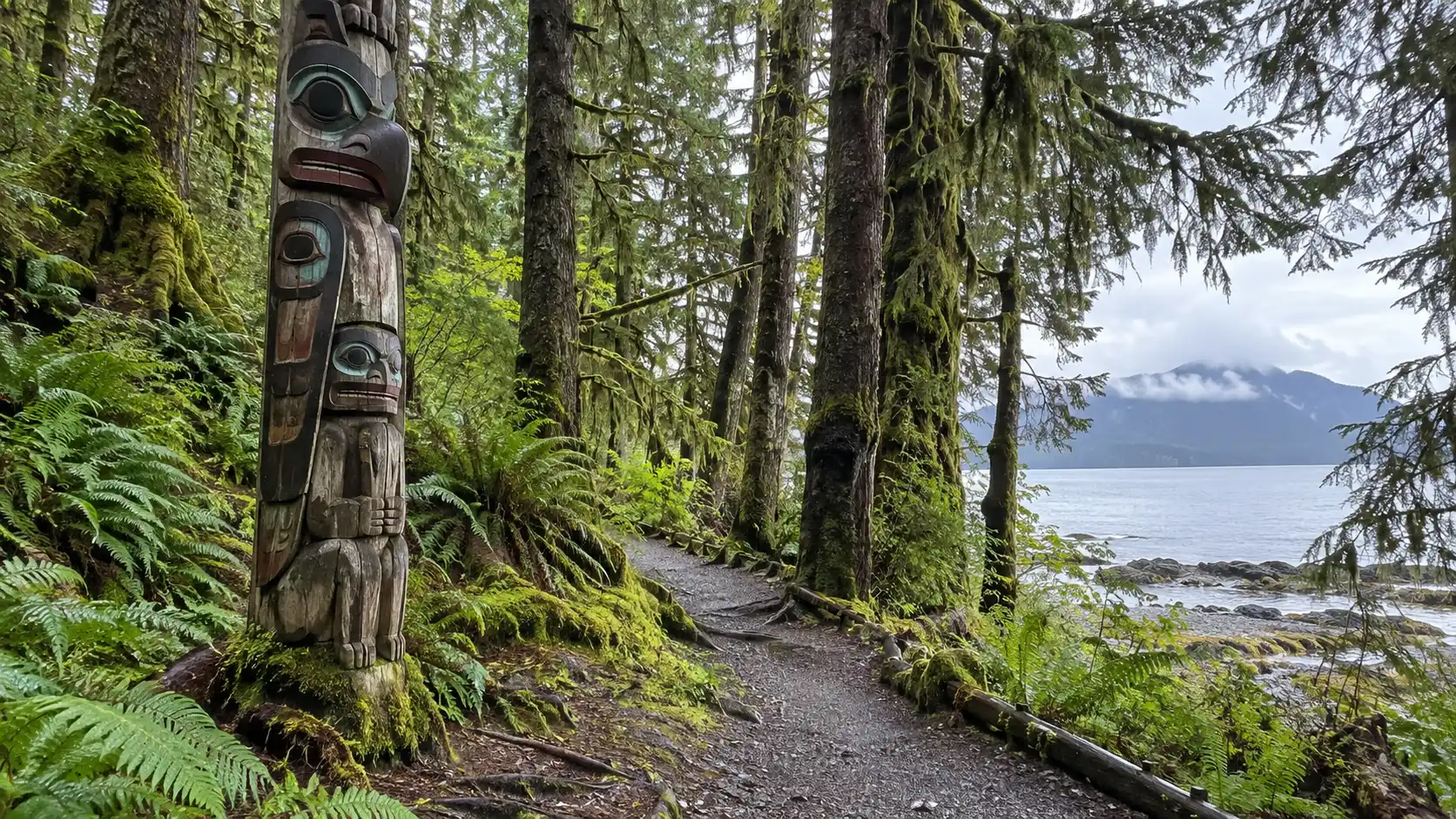 Totem pole along a mossy trail in Sitka National Historical Park.