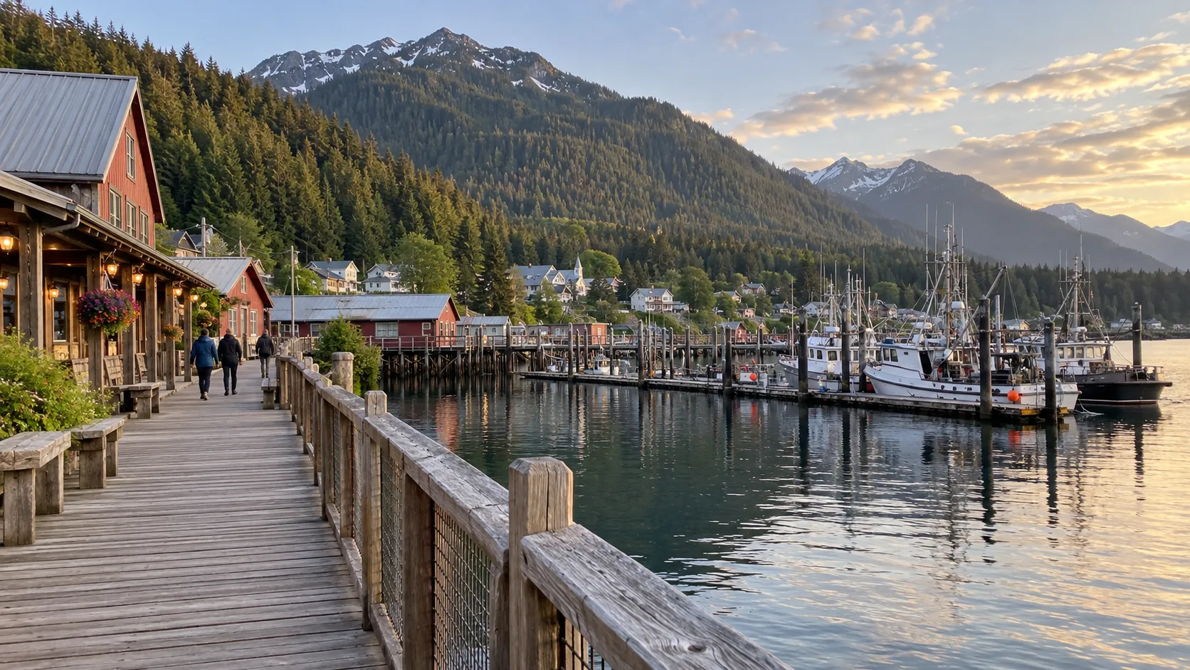 Wooden harbor boardwalk and fishing boats at Icy Strait Point near Hoonah.