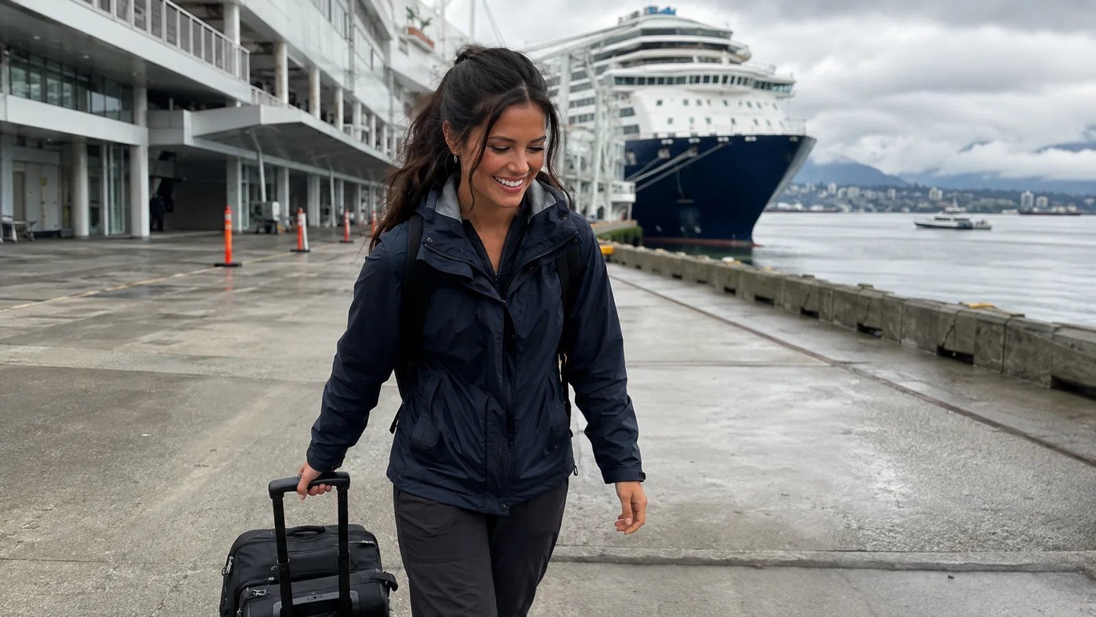 Smiling woman pulling a suitcase along a pier beside a docked cruise ship