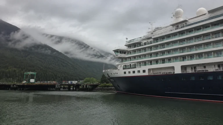 Cruise ship docked below mist-covered forested mountains.