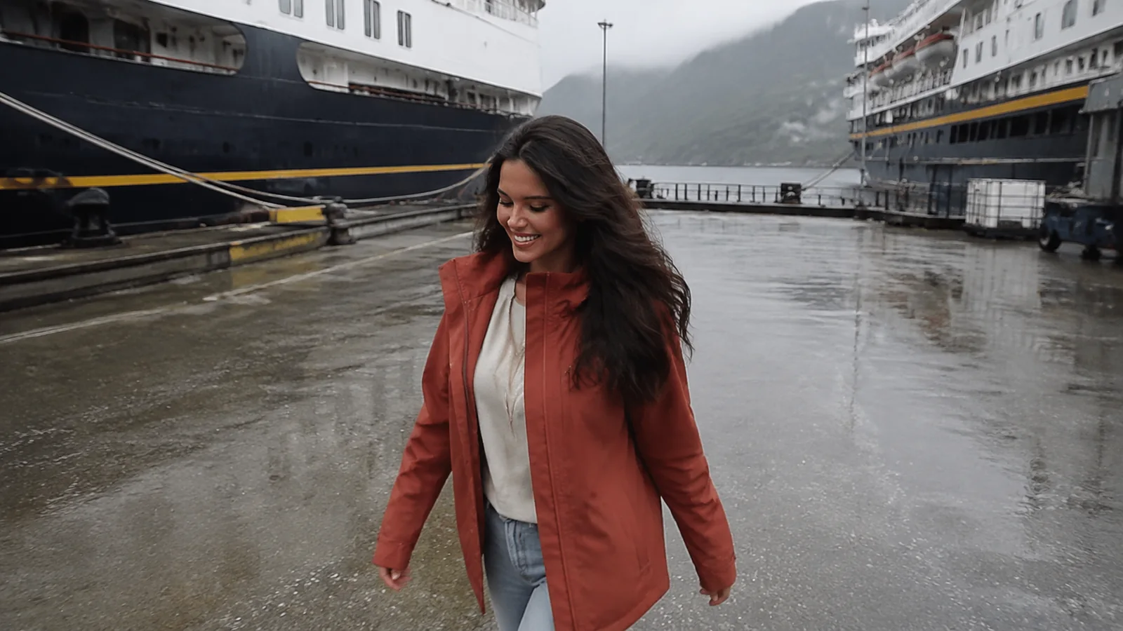 Woman in a red raincoat walking between docked cruise ships on a wet pier.