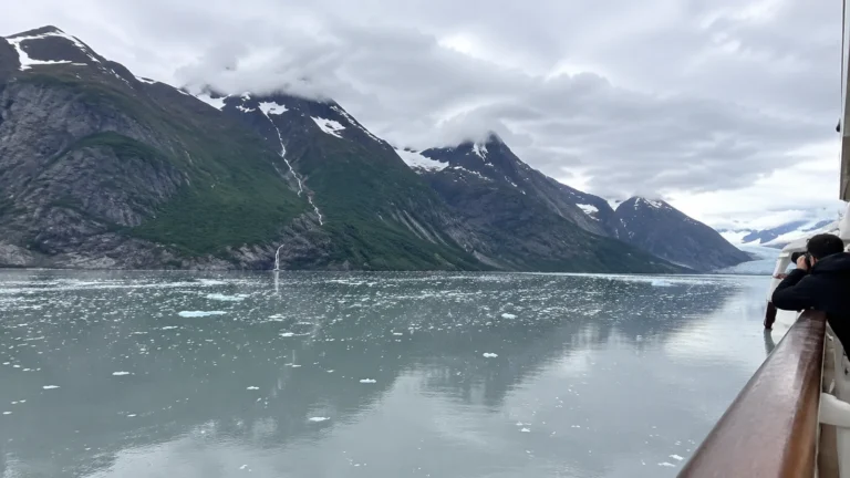 Mountain bay with floating ice viewed from a cruise ship