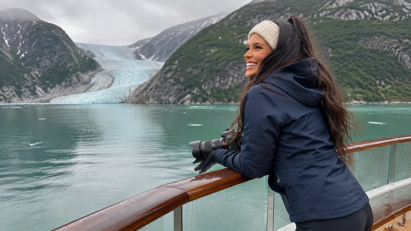 Woman in a jacket at a cruise ship railing with a glacier behind her