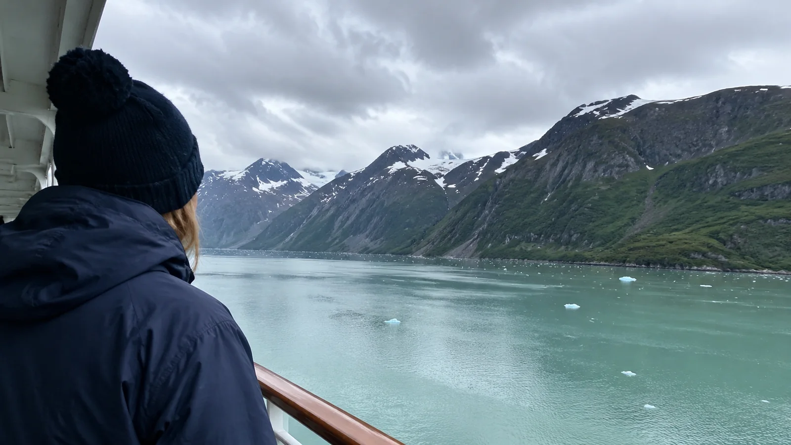 Hooded passenger looking over a glacial bay from a cruise ship