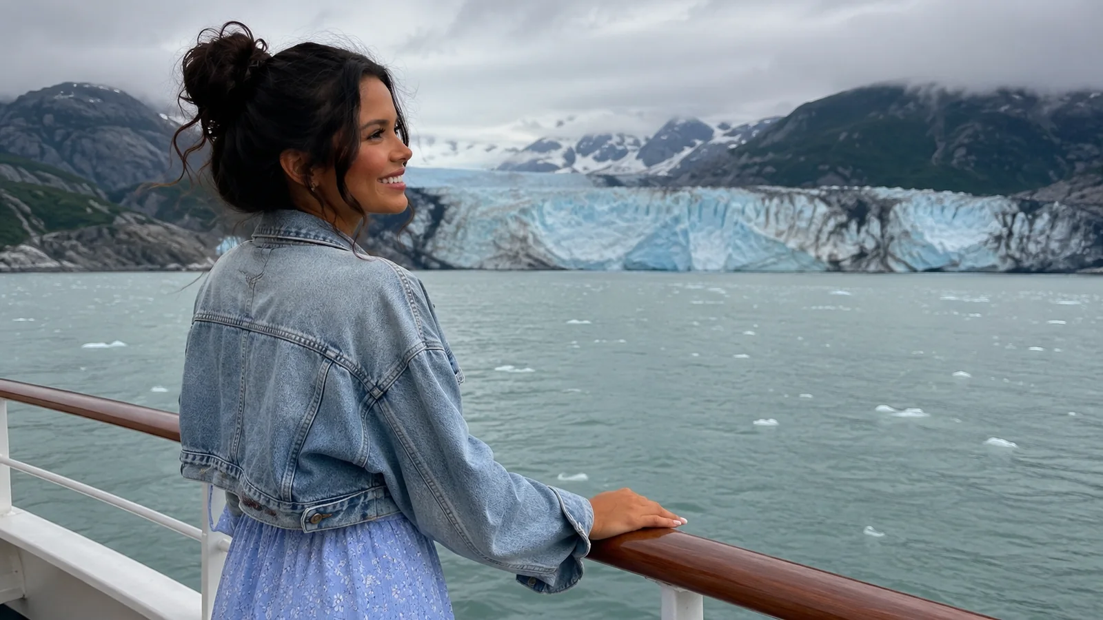 Woman standing at a cruise ship railing facing a glacier