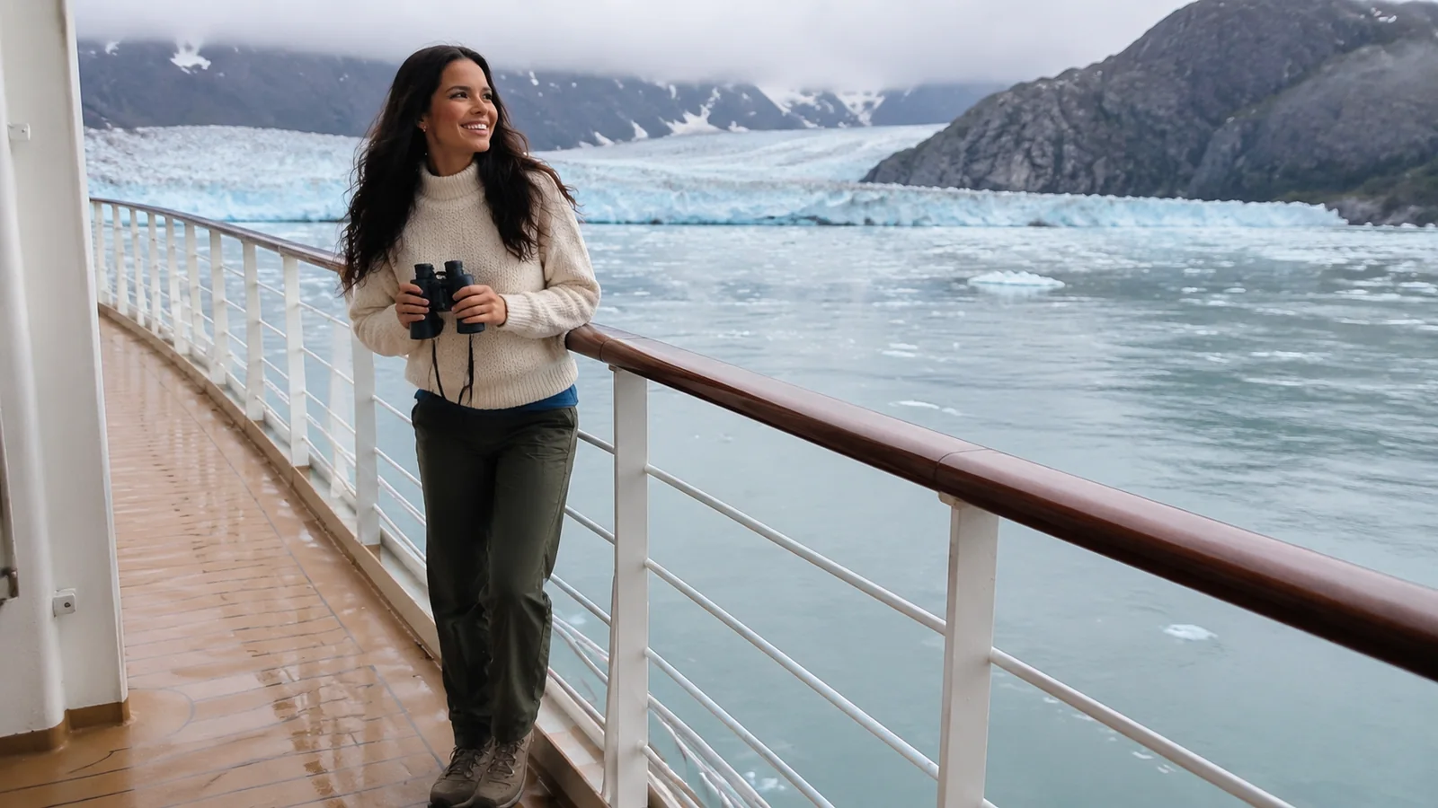 Woman holding a mug on a cruise ship deck with a glacier behind her