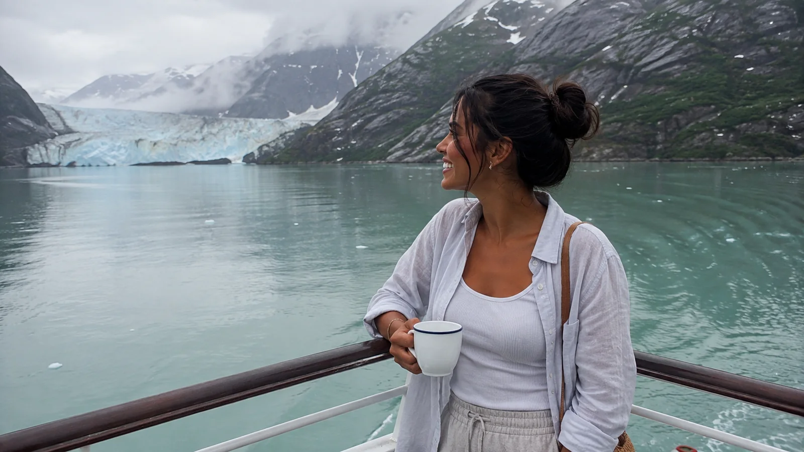 Woman holding a mug at a cruise ship railing with a glacier behind her