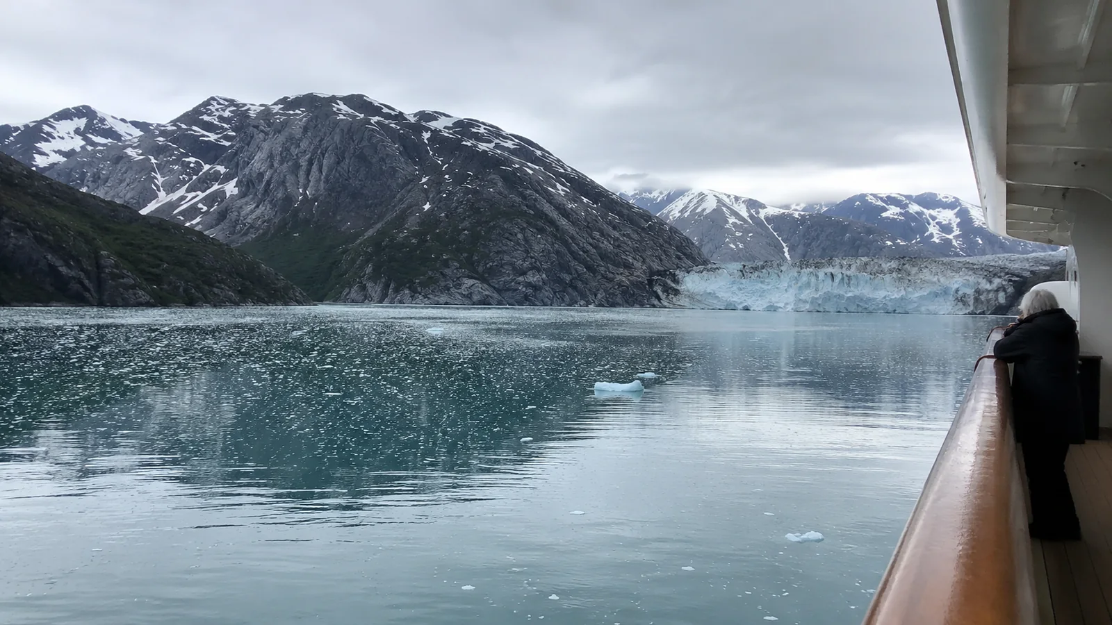 Glacial bay and mountains viewed from a cruise ship