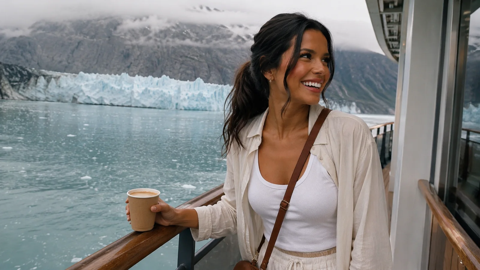 Woman holding a mug beside a ship window with a glacier outside