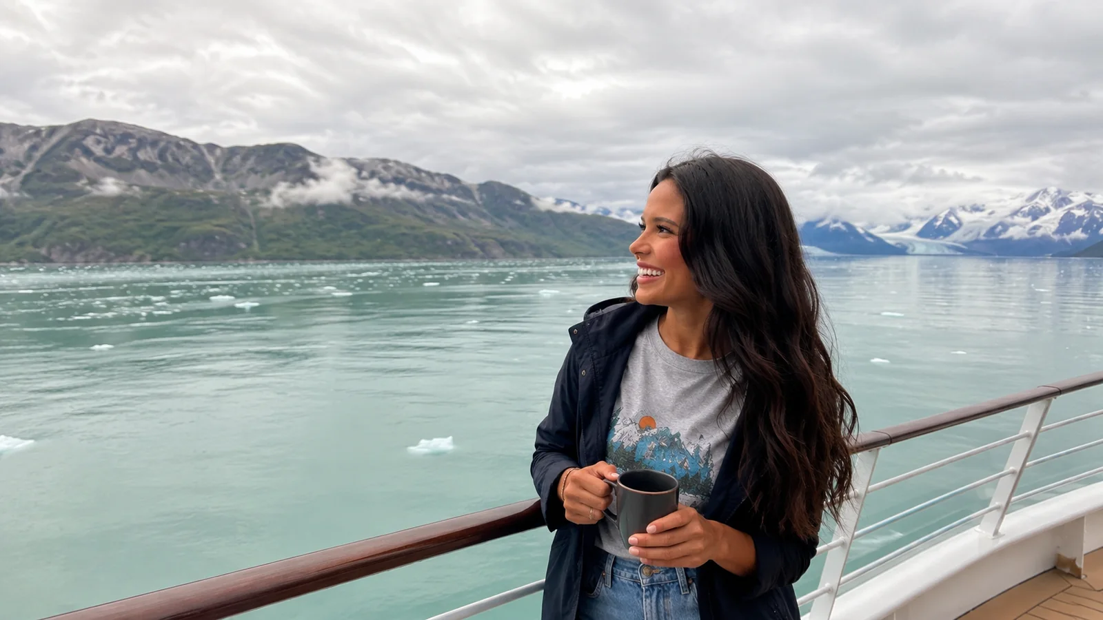 Woman holding a mug on a cruise ship deck with a glacier behind her