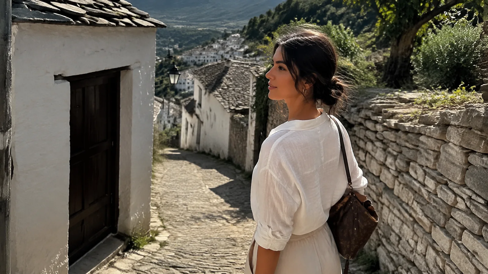 Woman walks through a narrow stone-paved lane beside a rough stone wall.