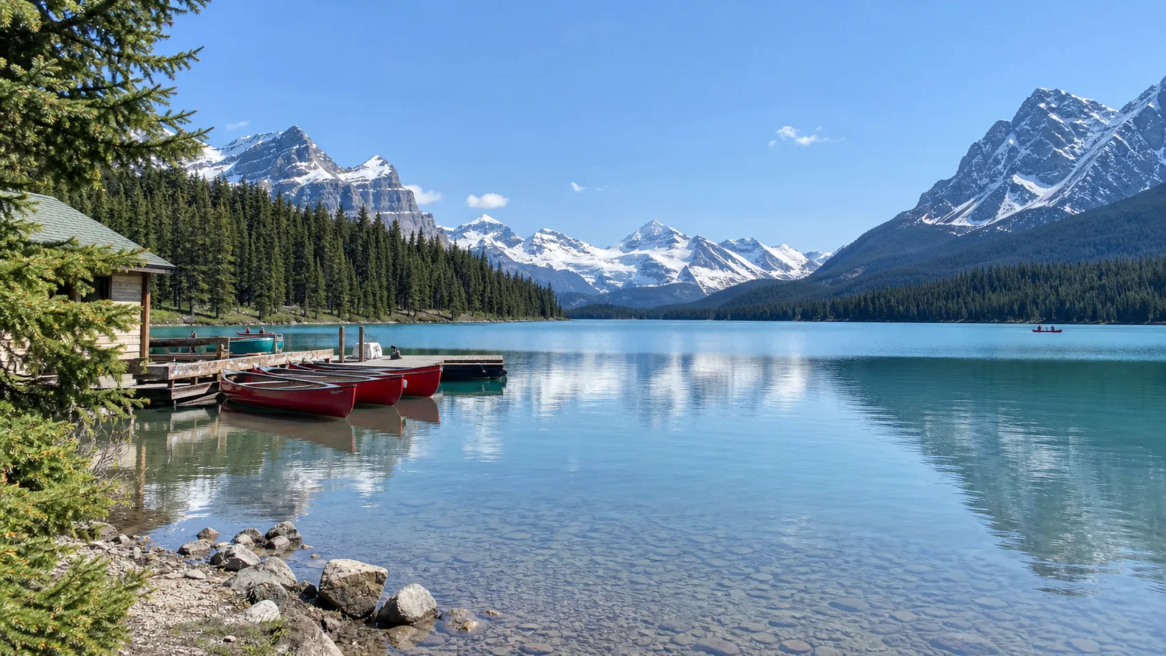 Red canoes beside a dock on Maligne Lake in Jasper National Park