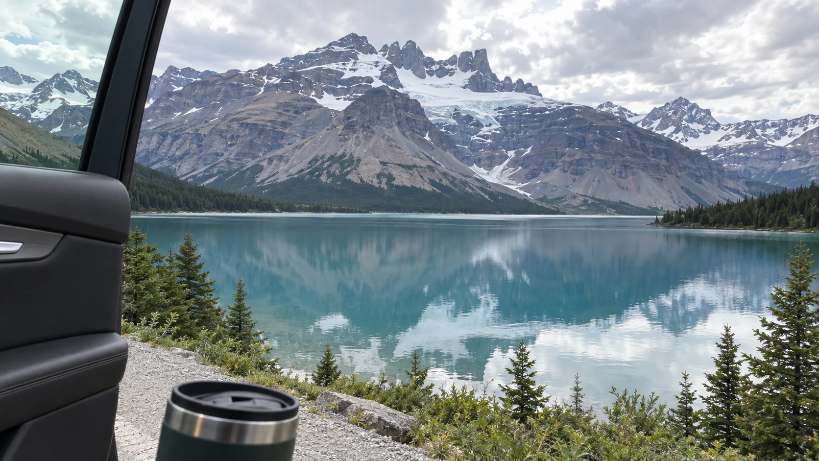 Bow Lake and Crowfoot Glacier viewed beside an open car door on the return drive south