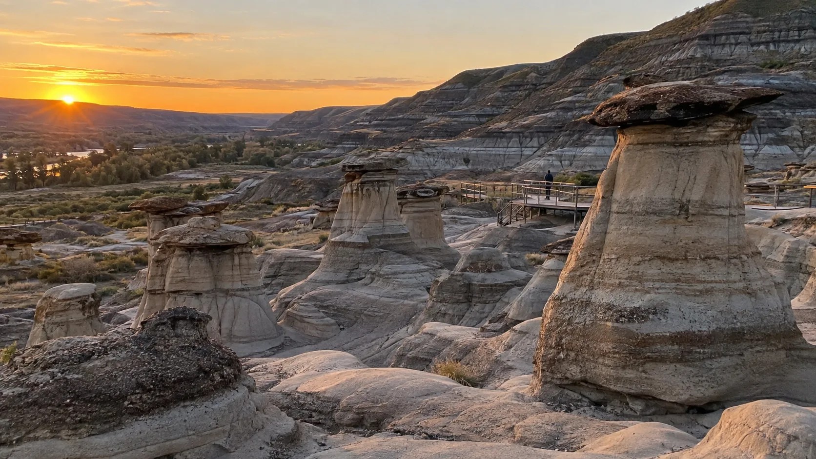 Drumheller hoodoos and striped badland ridges glowing at sunrise
