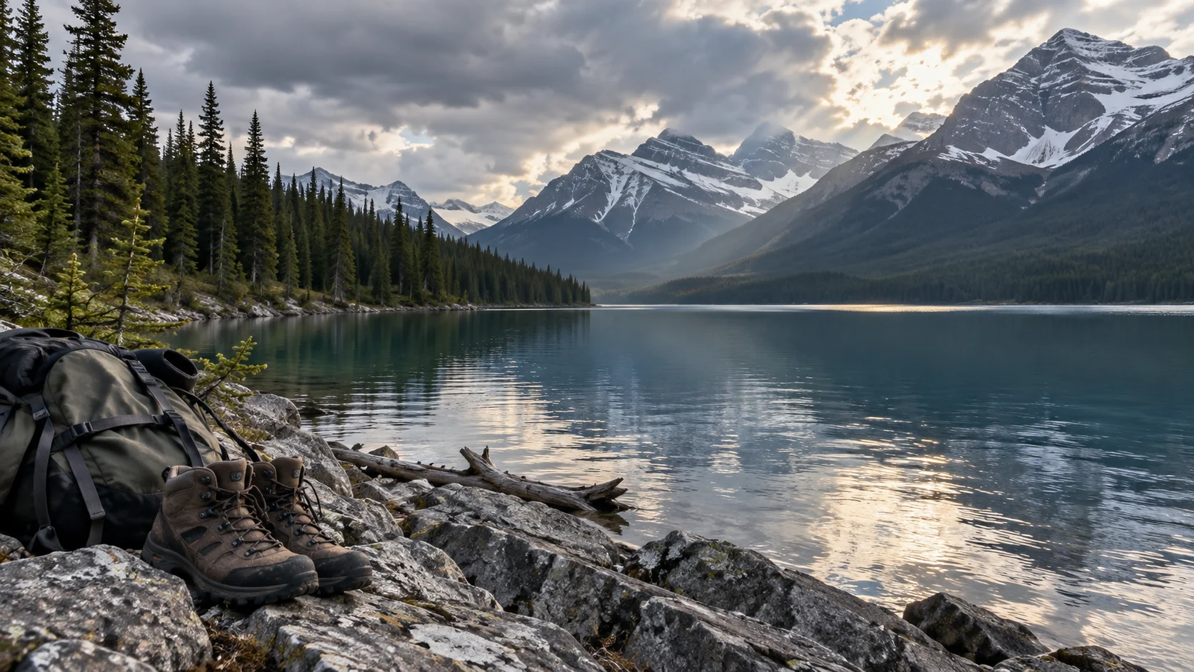 Hiking boots and backpack on the rocky shore of Upper Kananaskis Lake