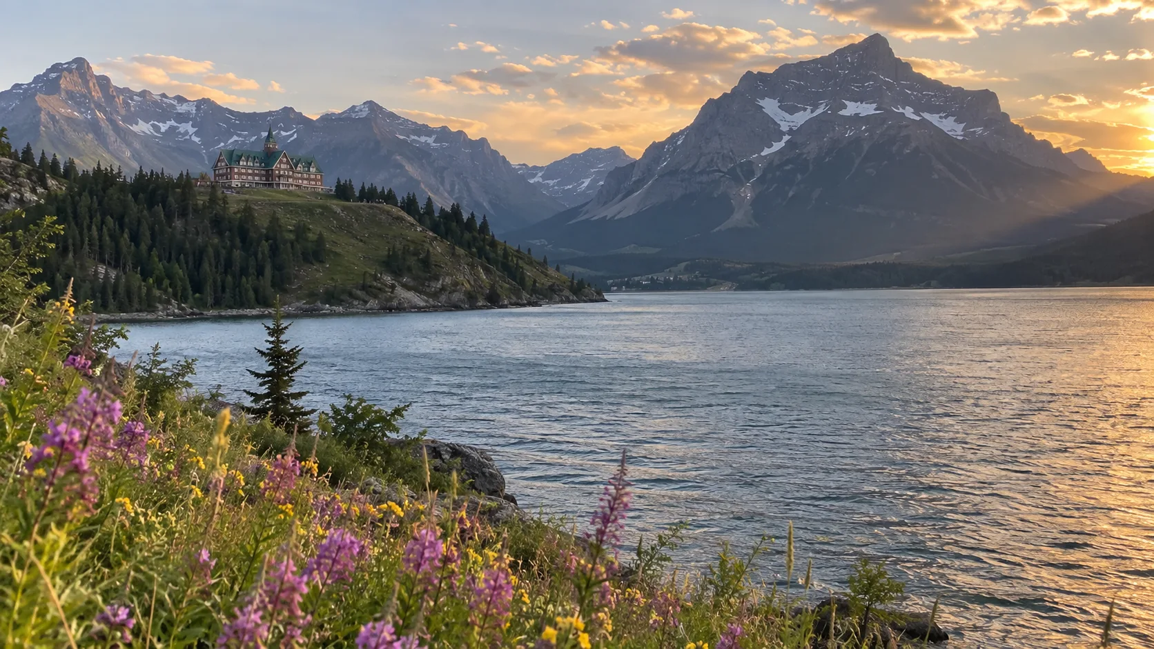 Prince of Wales hotel above Upper Waterton Lake and mountain peaks at sunset