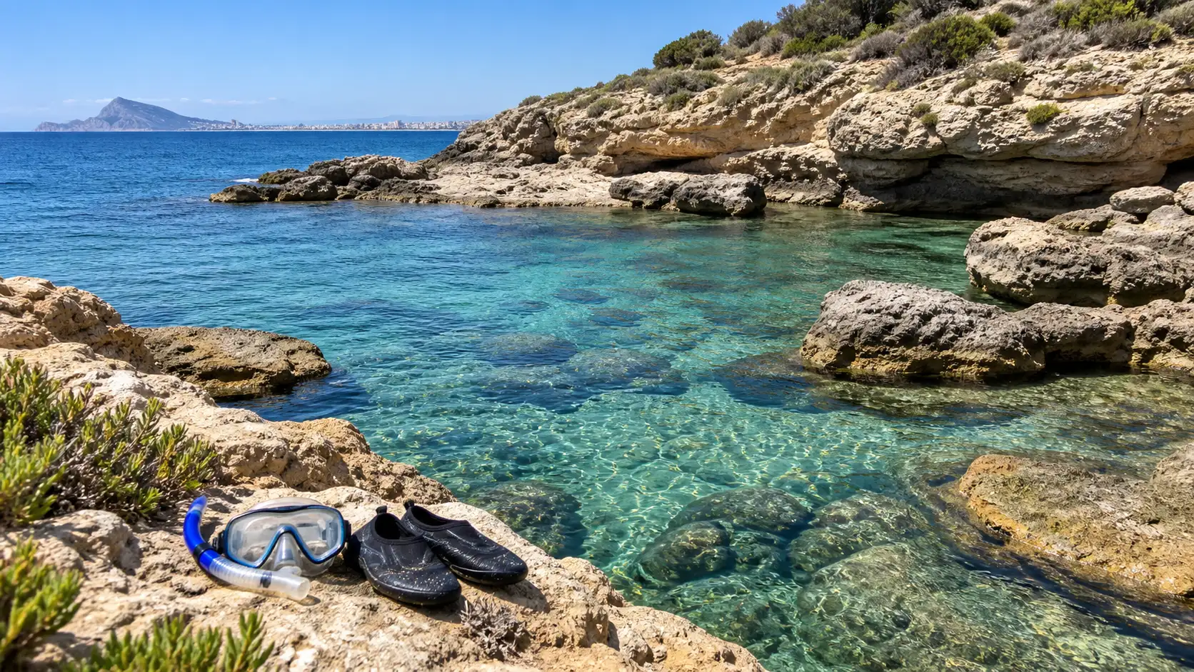Clear Mediterranean water fills a rocky cove at Cabo de la Huerta.