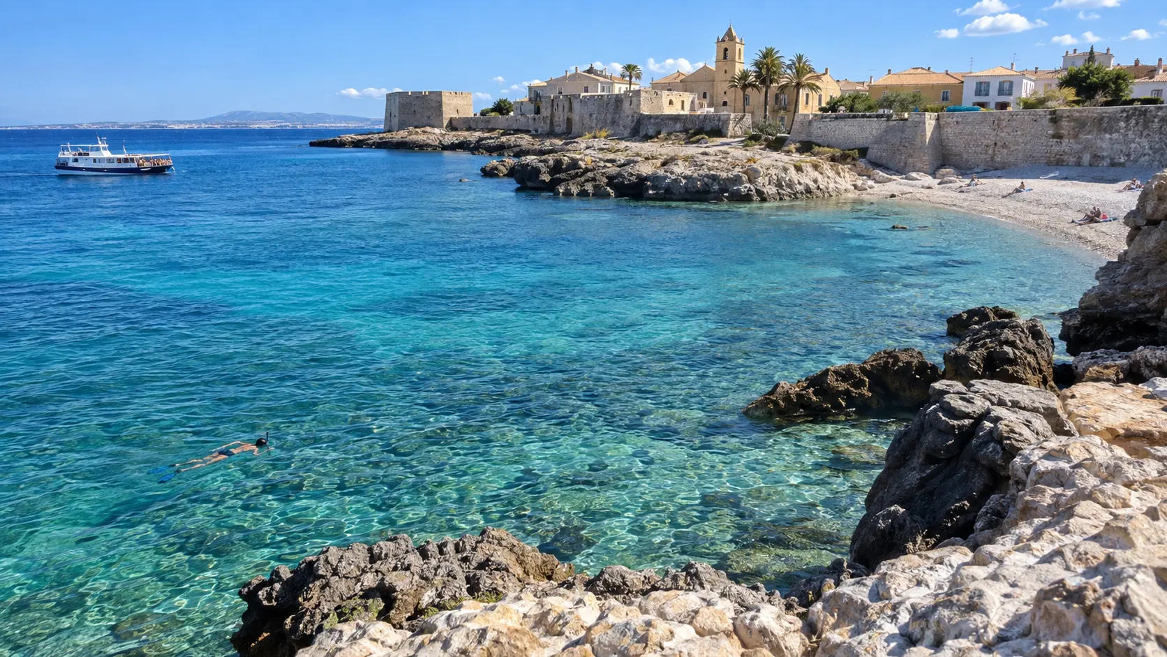Clear marine-reserve water meets a pale cove and stone village on Tabarca Island.