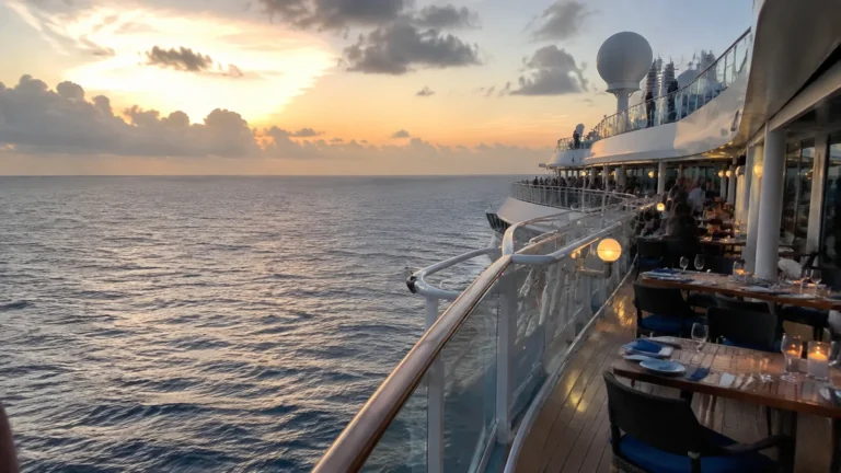 Cruise ship exterior deck overlooking the ocean at sunset