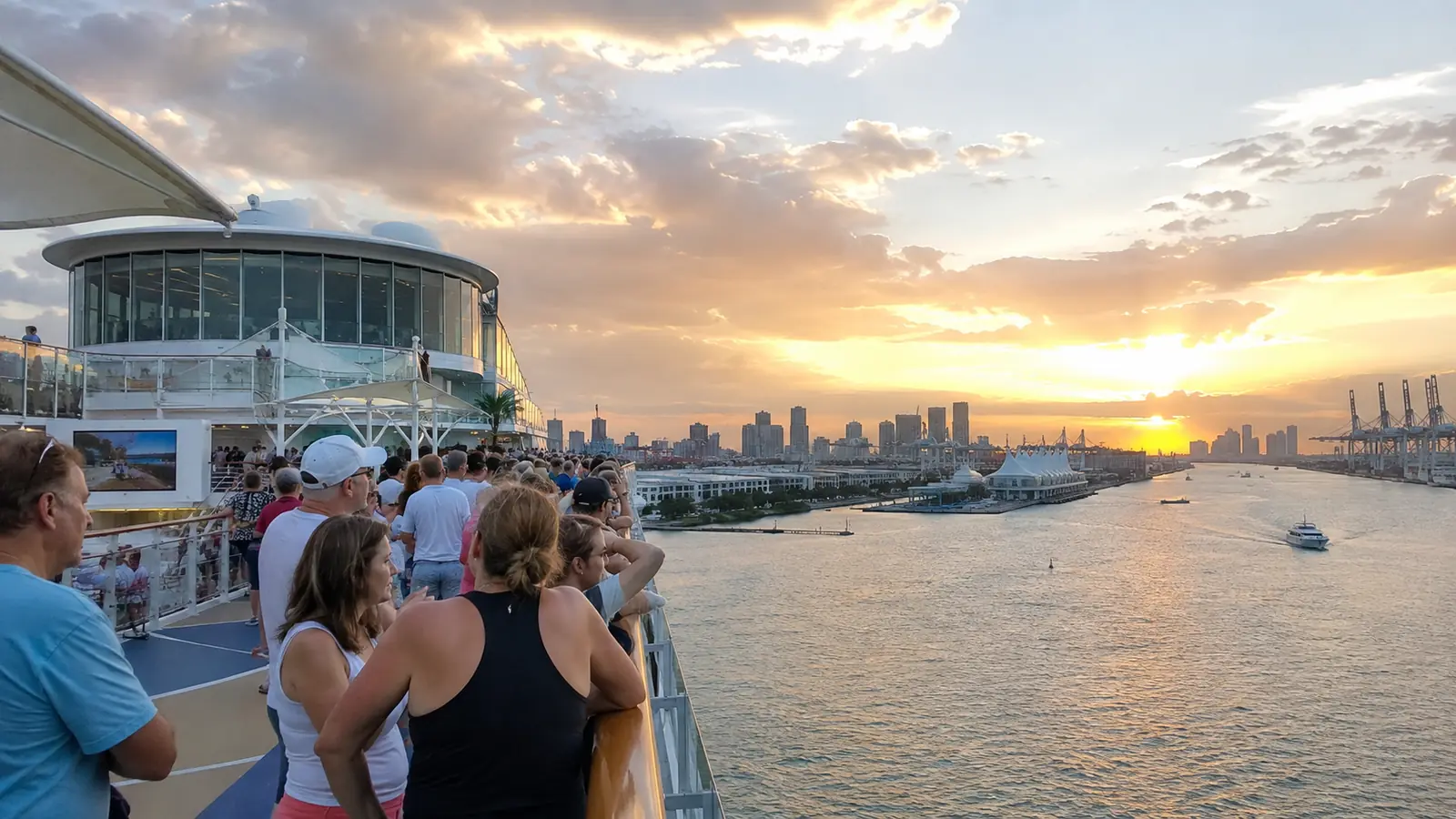 Passengers on a cruise ship deck overlooking a city harbor at sunset
