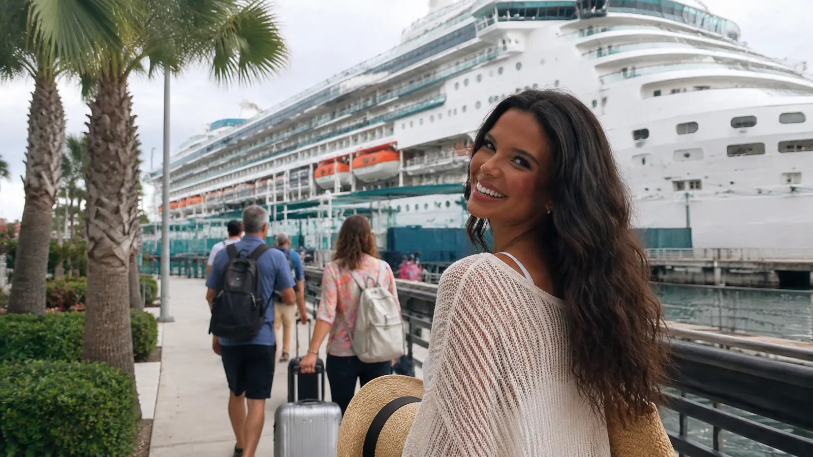 Smiling woman pulling a suitcase toward a docked cruise ship