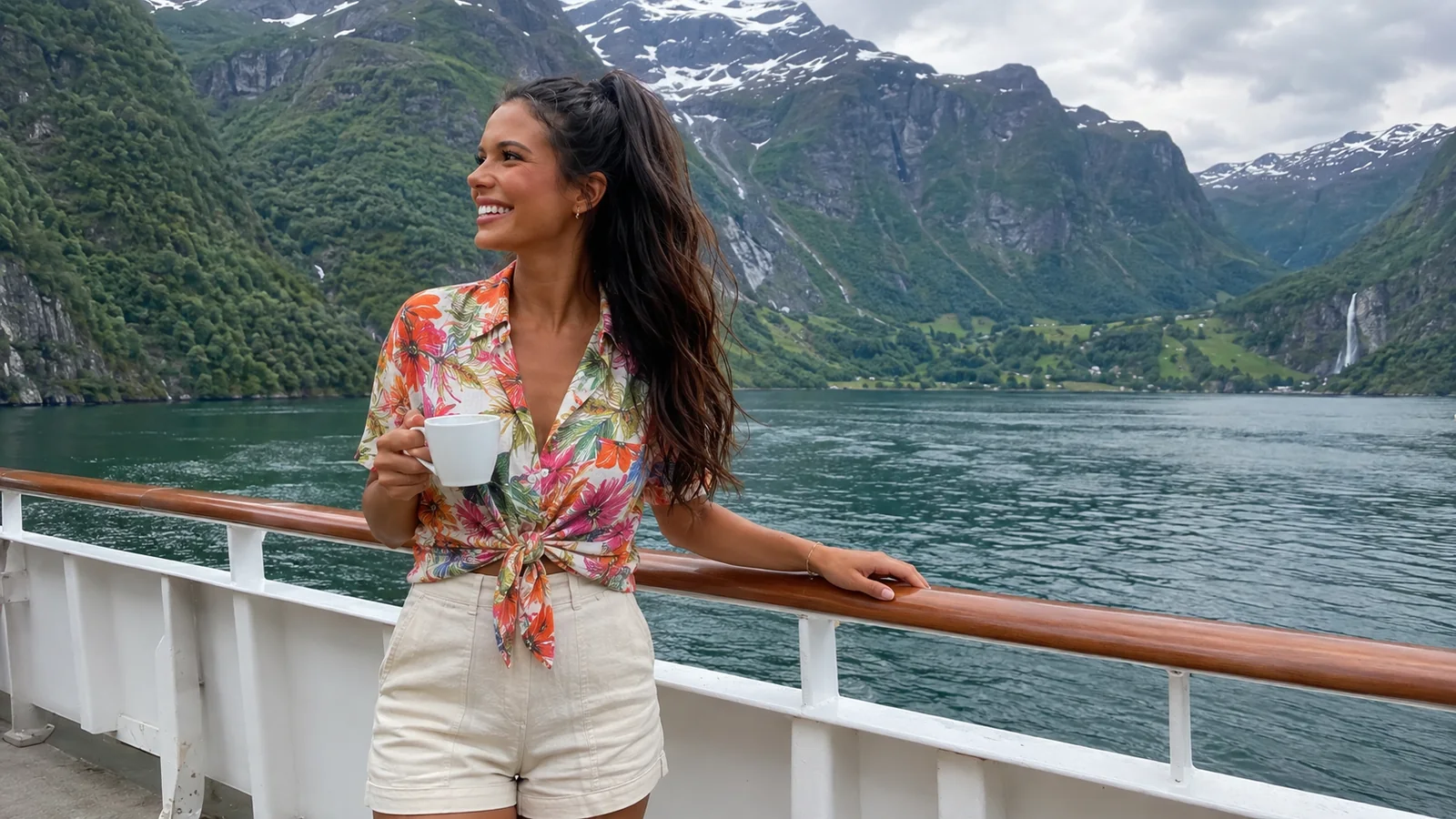 Woman holding a mug at a cruise ship railing in a fjord