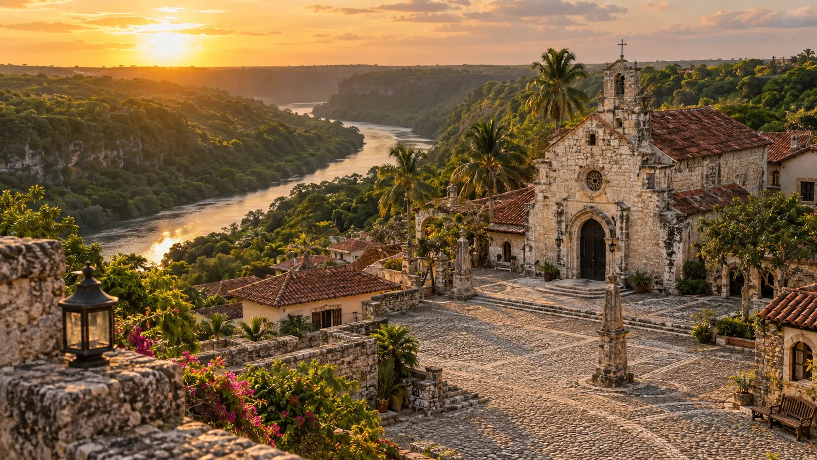The stone village and church of Altos de Chavón overlooking the winding Chavón River at sunset.