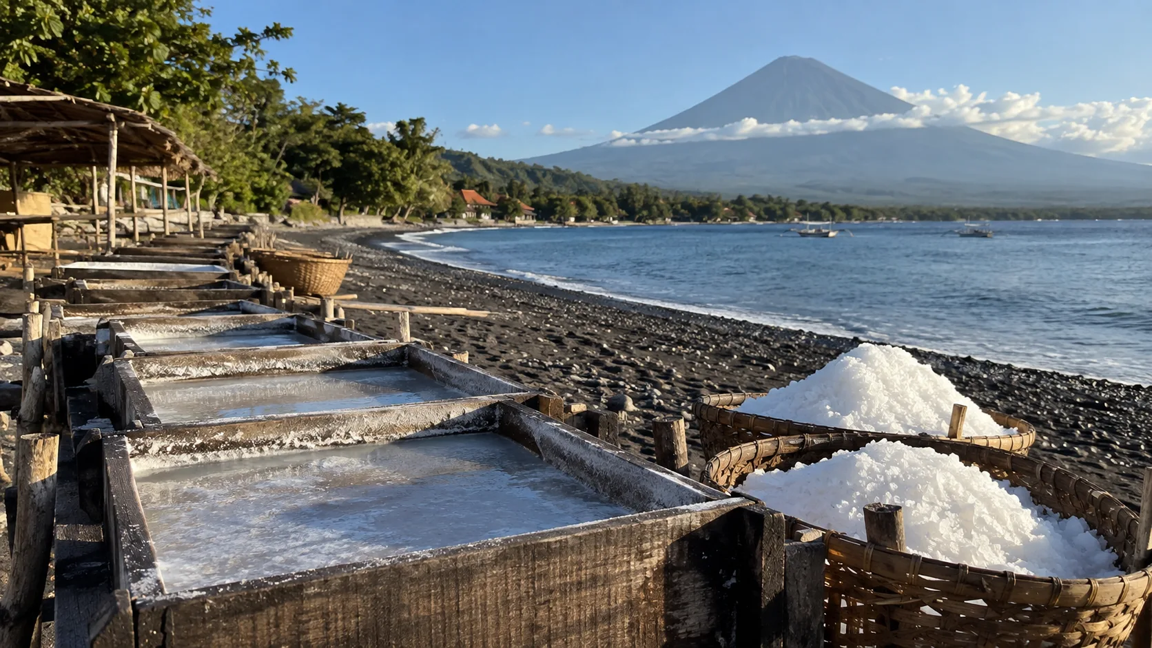 Traditional salt-making troughs beside the dark volcanic beach in Amed.