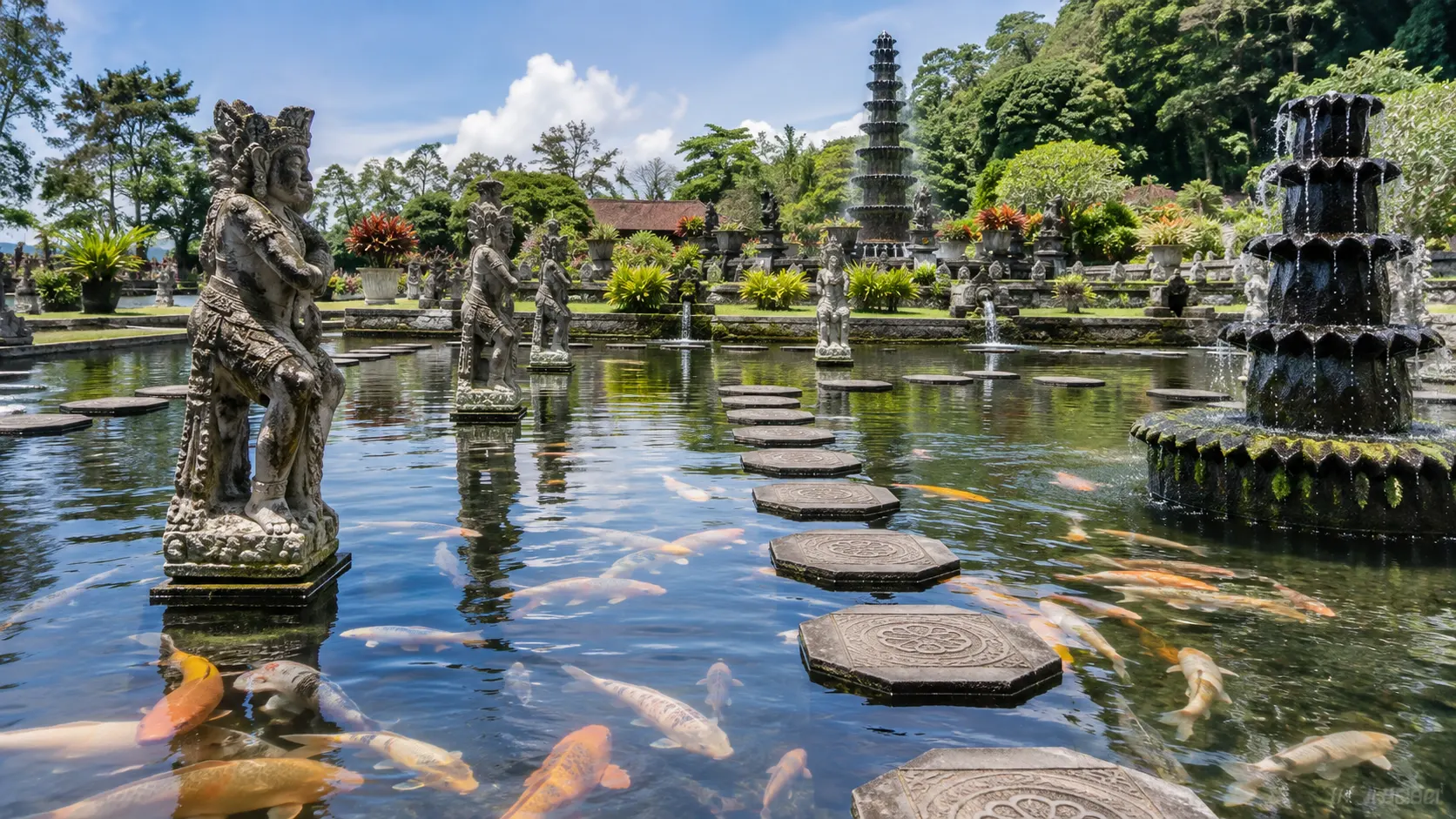 Stepping stones and ornate fountains at Tirta Gangga water palace.