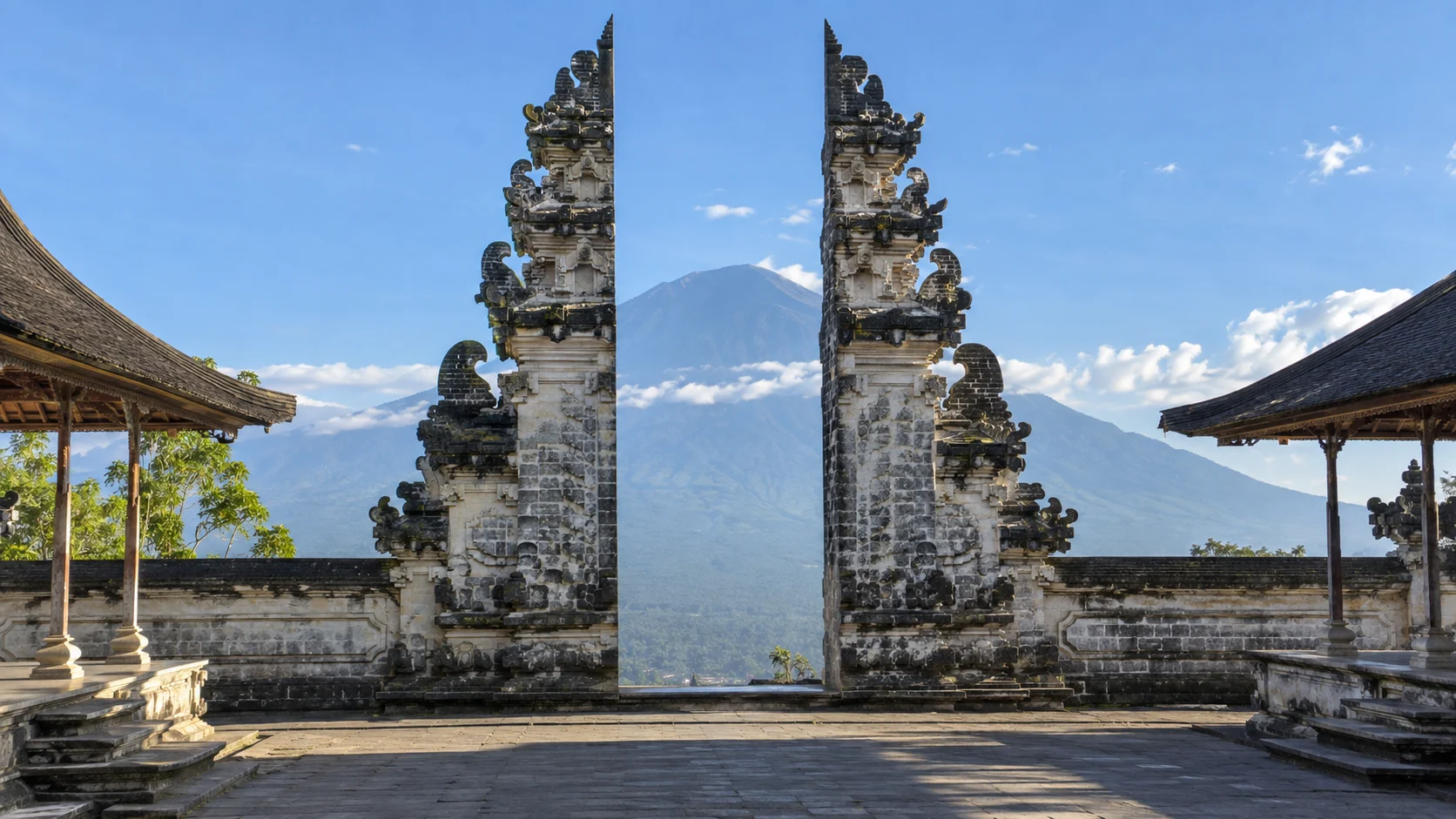 Lempuyang temple gateway framing Mount Agung in eastern Bali.