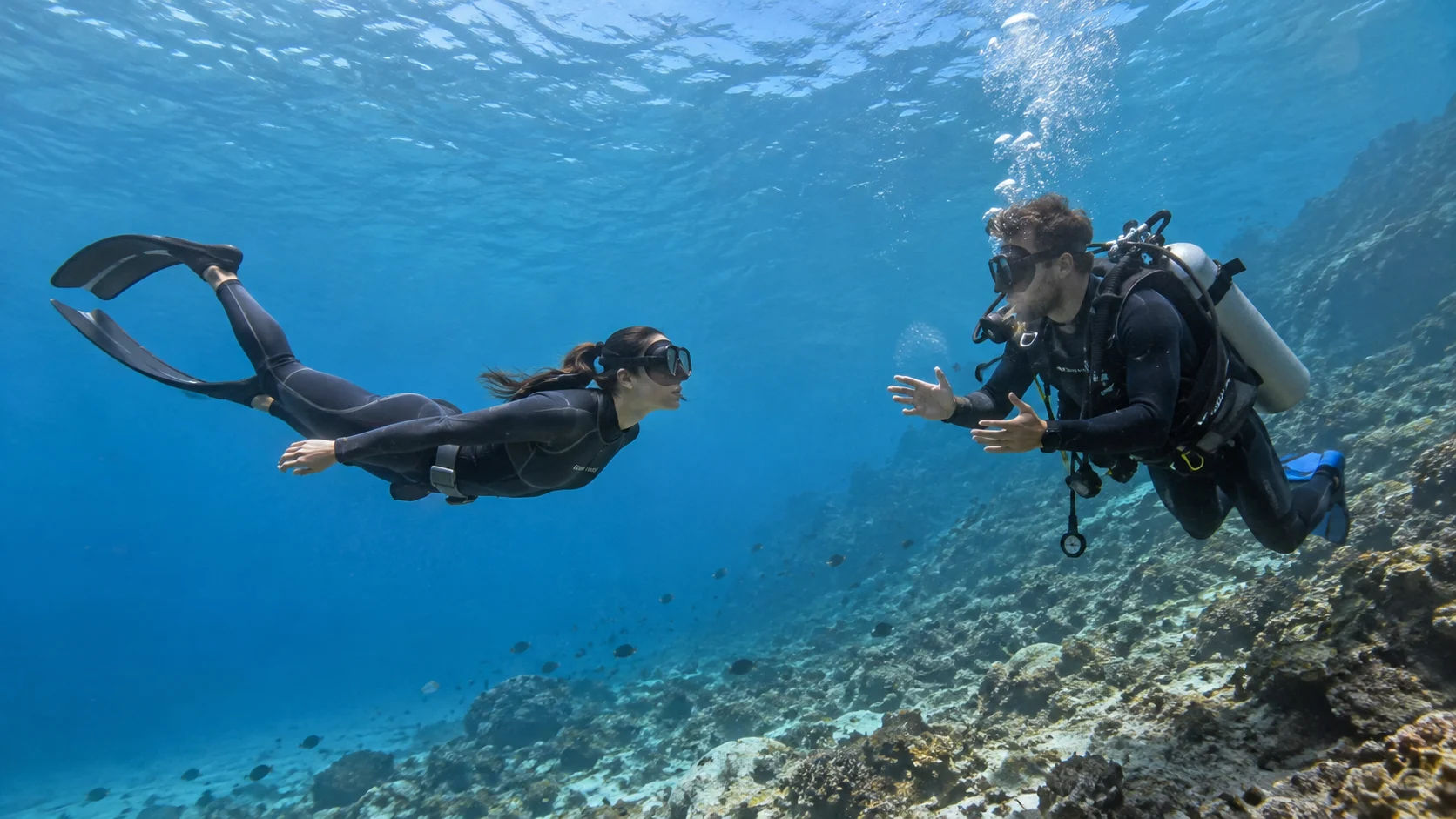 Divers practicing in clear blue water off the Amed coast.