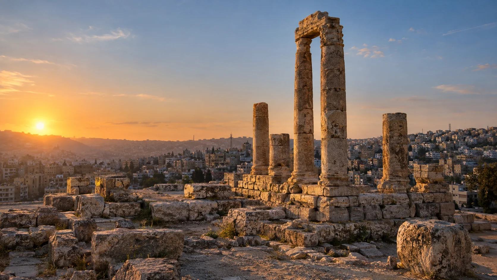 The Temple of Hercules columns at Amman Citadel overlooking Jordan's capital at sunset.