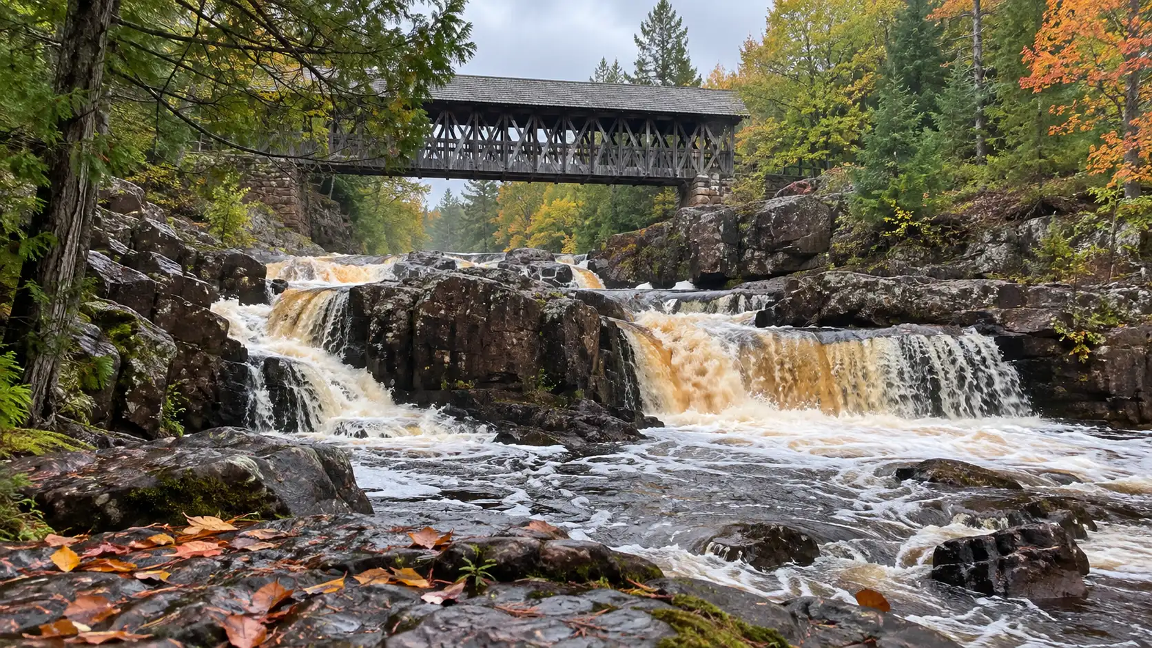 Amber water cascades beneath the covered bridge at Amnicon Falls State Park.