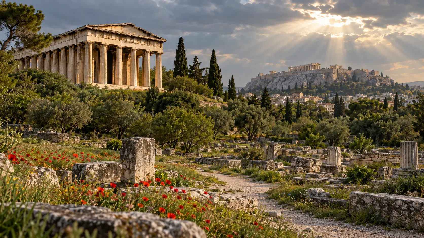 Temple of Hephaestus above the flower-filled Ancient Agora with the Acropolis in the distance