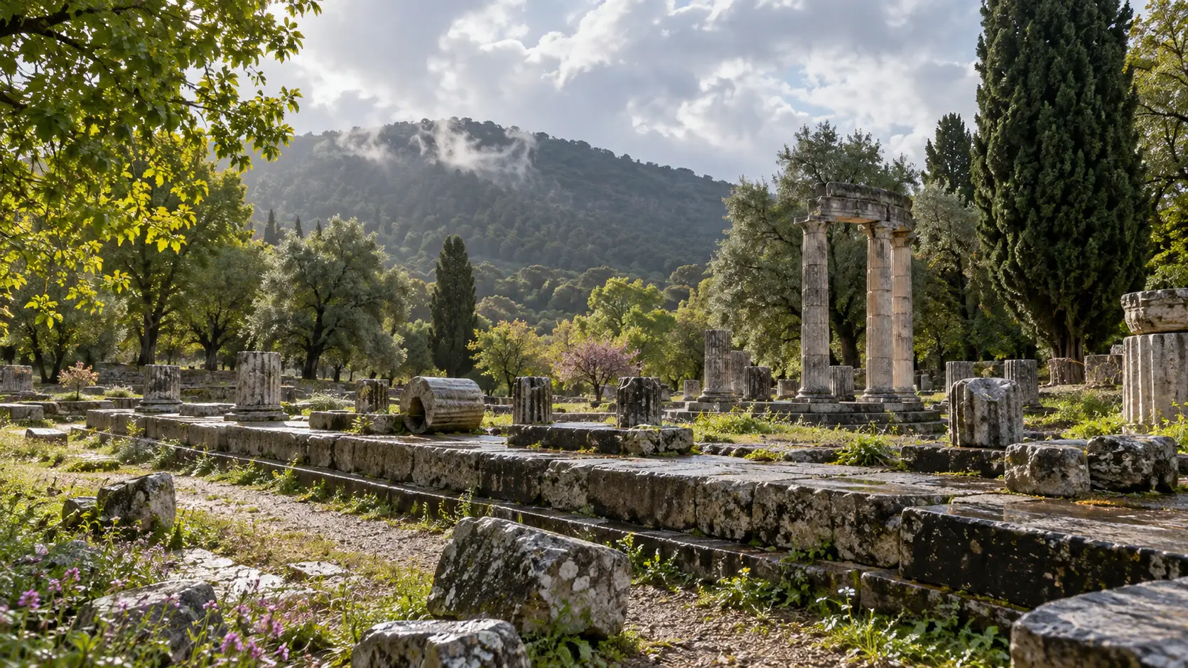 Weathered columns and temple ruins among spring greenery at Ancient Olympia
