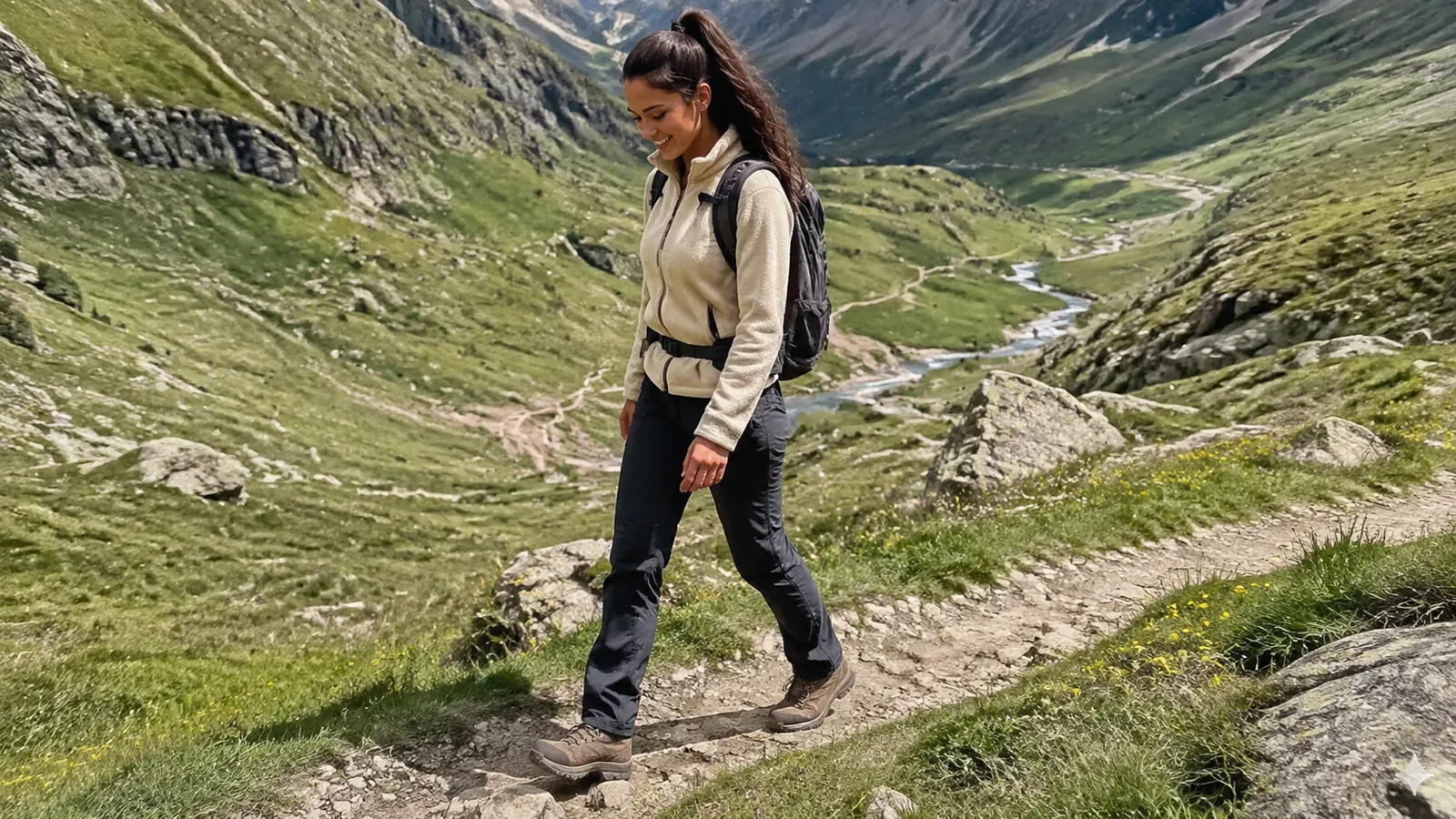 Woman hikes along a narrow path above a green mountain valley.