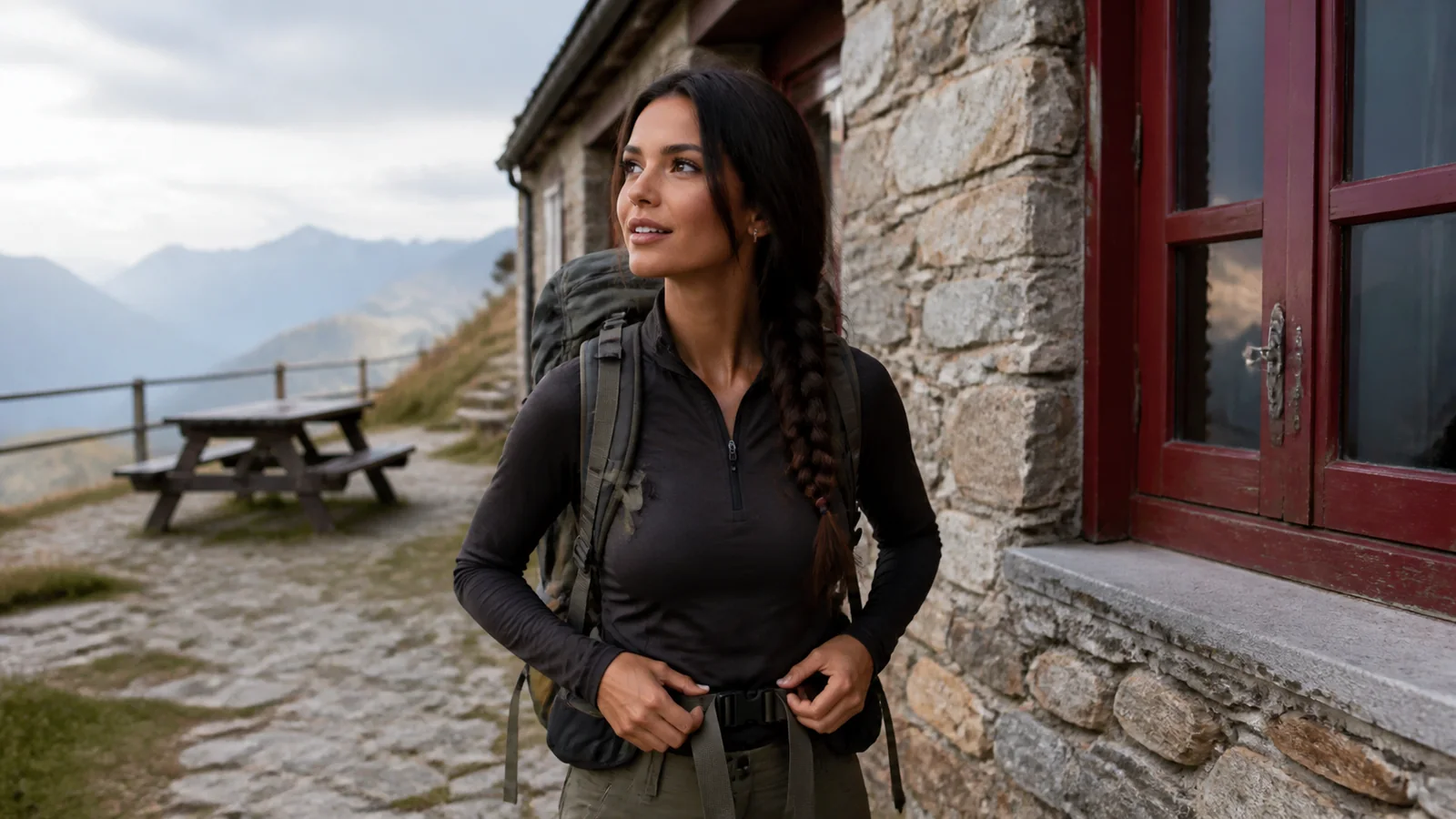 Woman adjusts her backpack beside a stone mountain refuge.