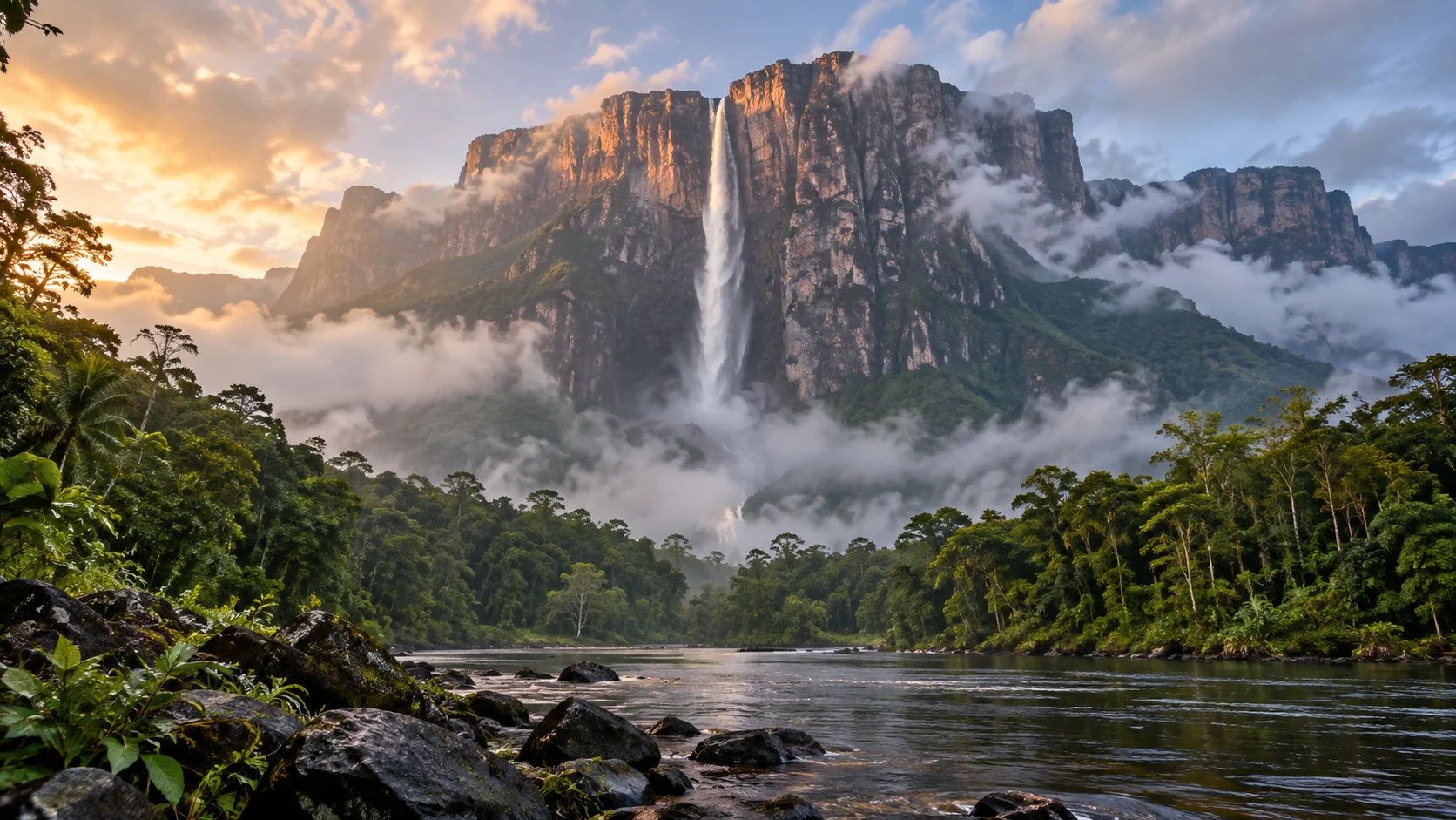 Angel Falls dropping from Auyan-tepui through mist above Venezuela's rainforest