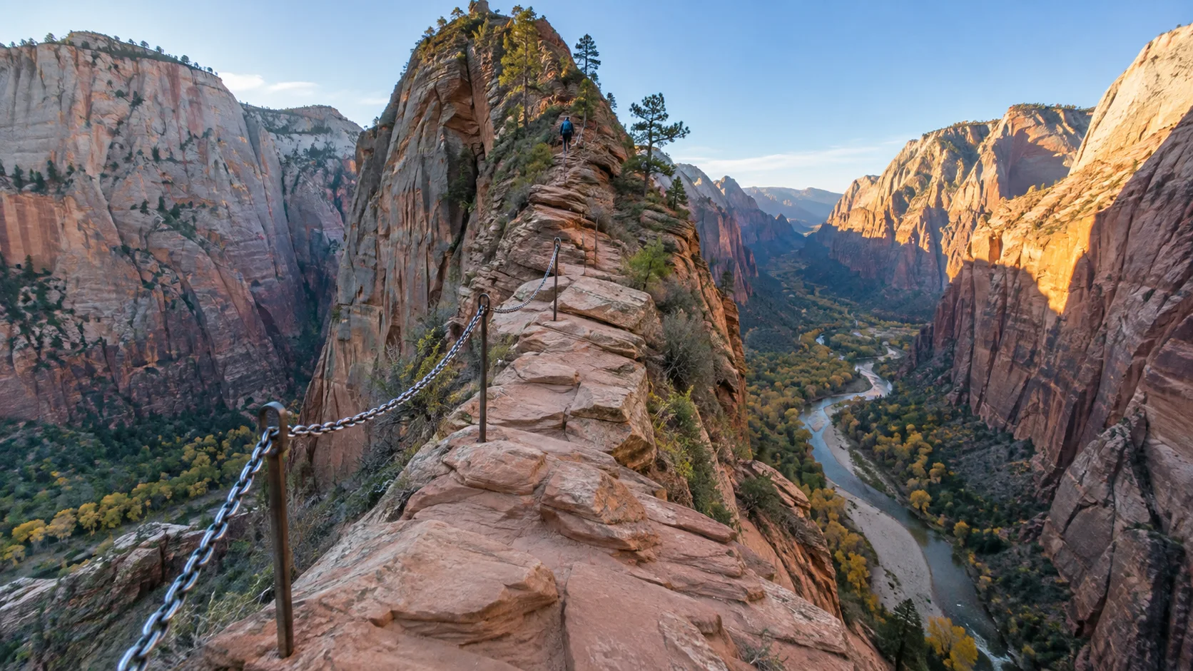 The chain-assisted Angels Landing trail high above Zion Canyon and the Virgin River.