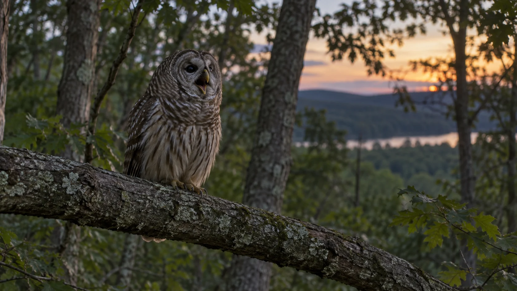 Barred owl calling from a forest branch at dusk.