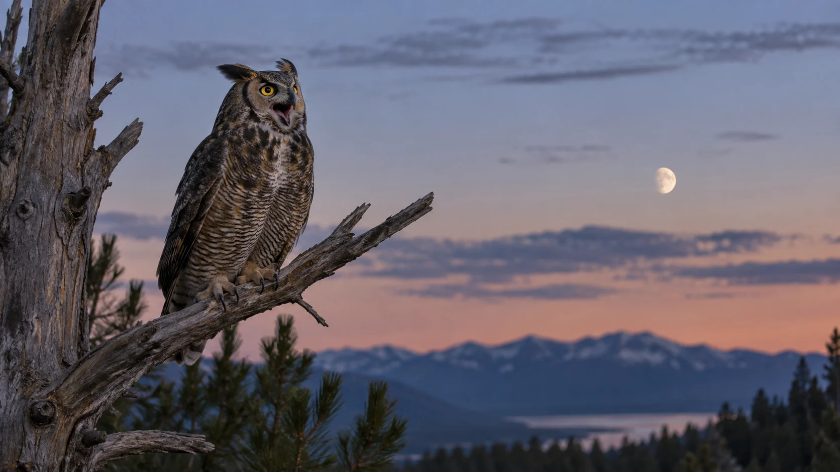 Great horned owl hooting from a pine snag at twilight.