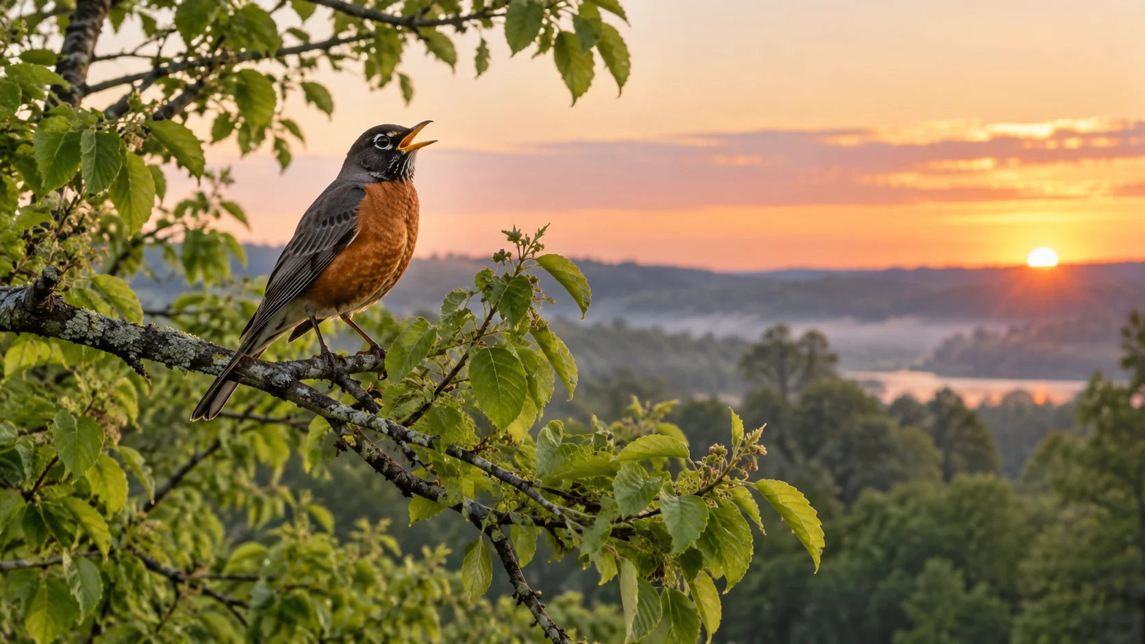 American robin singing from a leafy branch at dawn.
