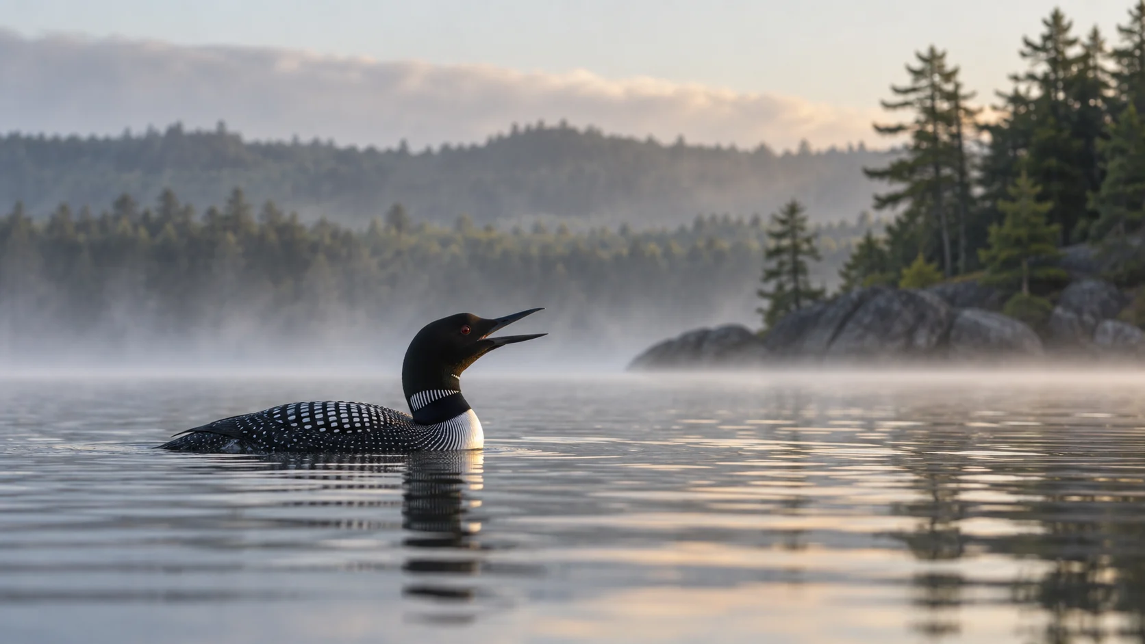 Common loon calling across a misty northern lake.